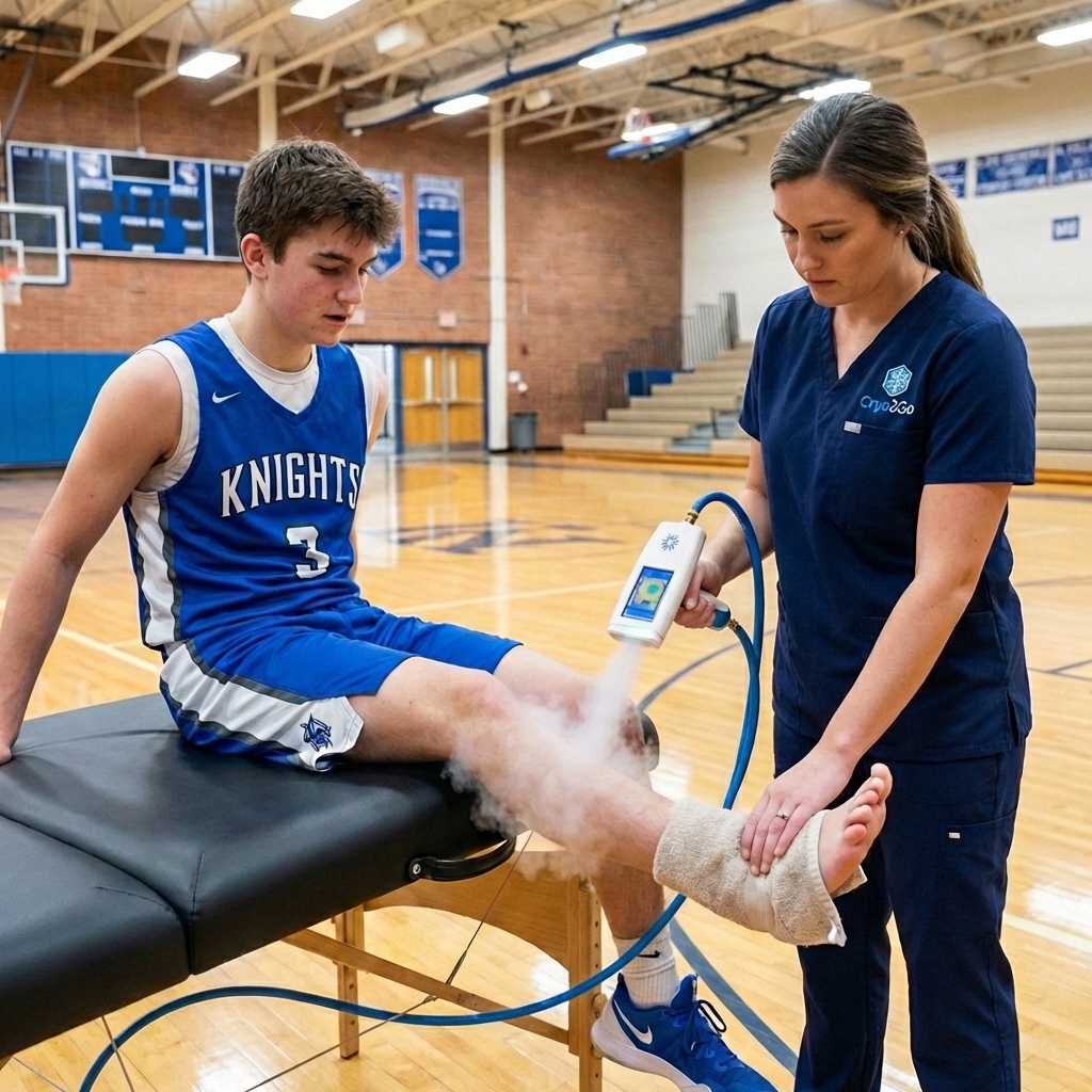 High school basketball player receiving Cryo2Go ankle treatment courtside