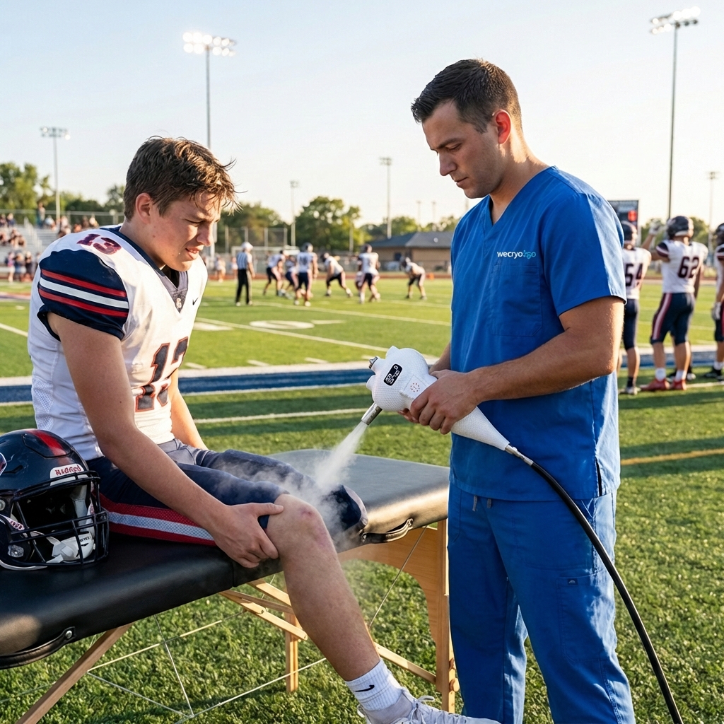 High school football player receiving XRISO Subzero knee treatment on sideline