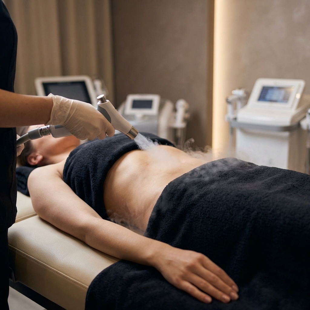 Cryotherapy technician treating client abdomen