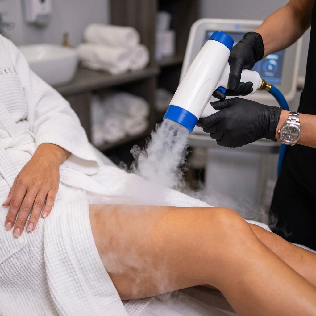 Cryotherapy thigh treatment in progress